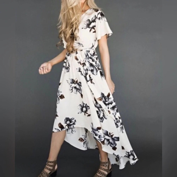 Tua High Low Floral White Cream and Blue Flowy Dress - Picture 1 of 8